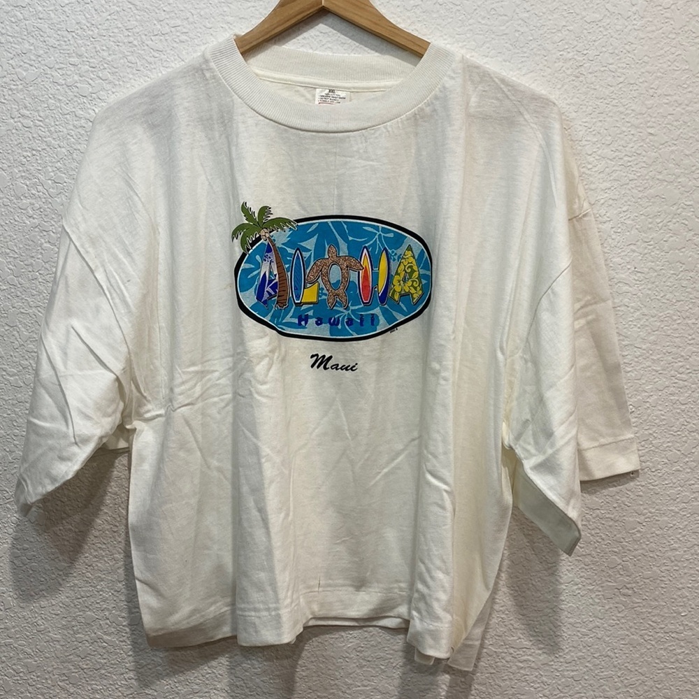 Vintage Cropped Top Single Stitch Aloha Hawaii 100% Cotton White T-Shirt XXL